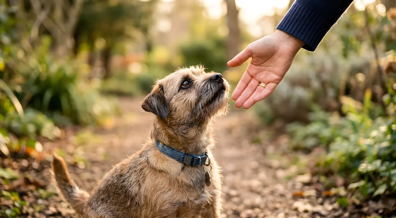 A pet sitter offering a hand to a small terrier at a first meet-and-greet