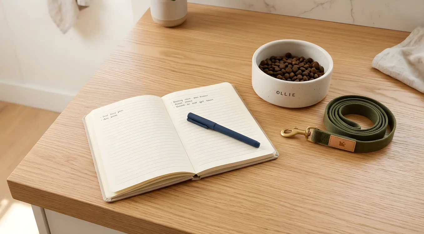 A planning notebook and pen on a table beside a dog bowl and leash