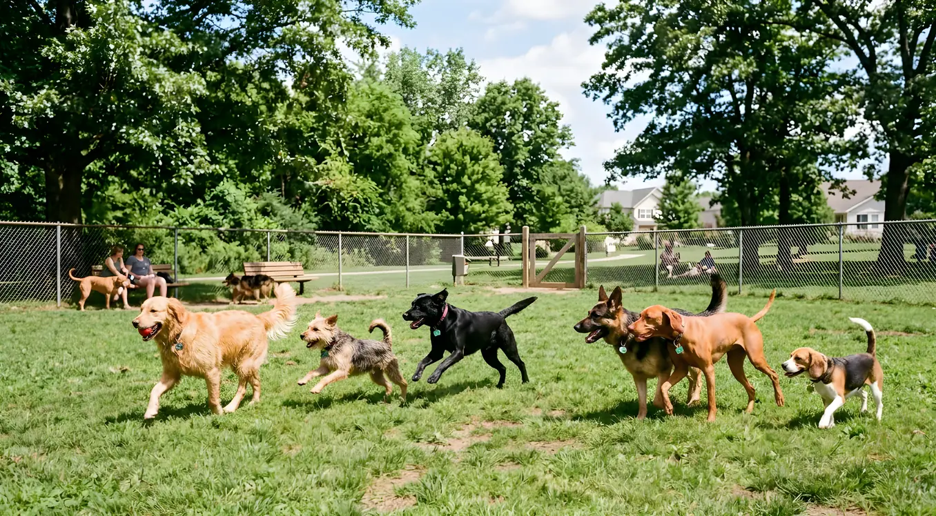 Dogs playing on open green space at a neighborhood park