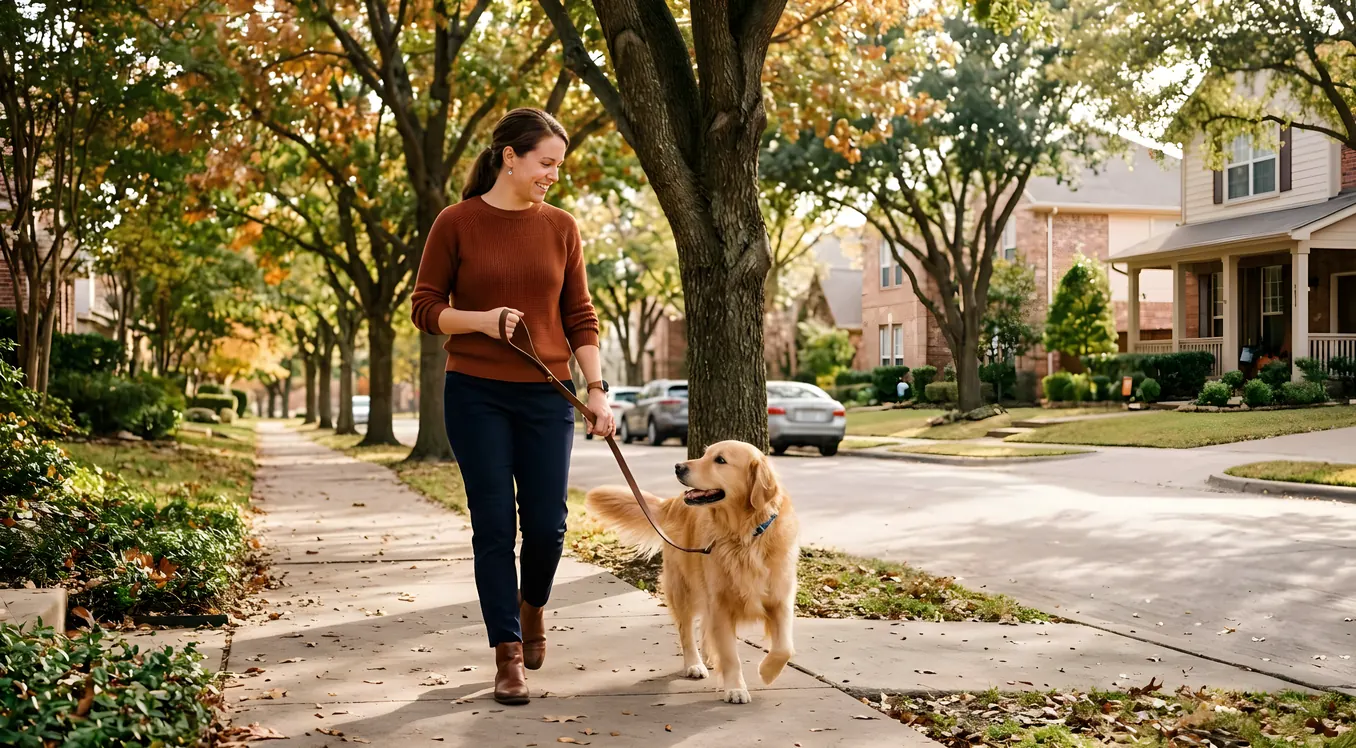 A golden retriever mid-walk on a sunny suburban sidewalk