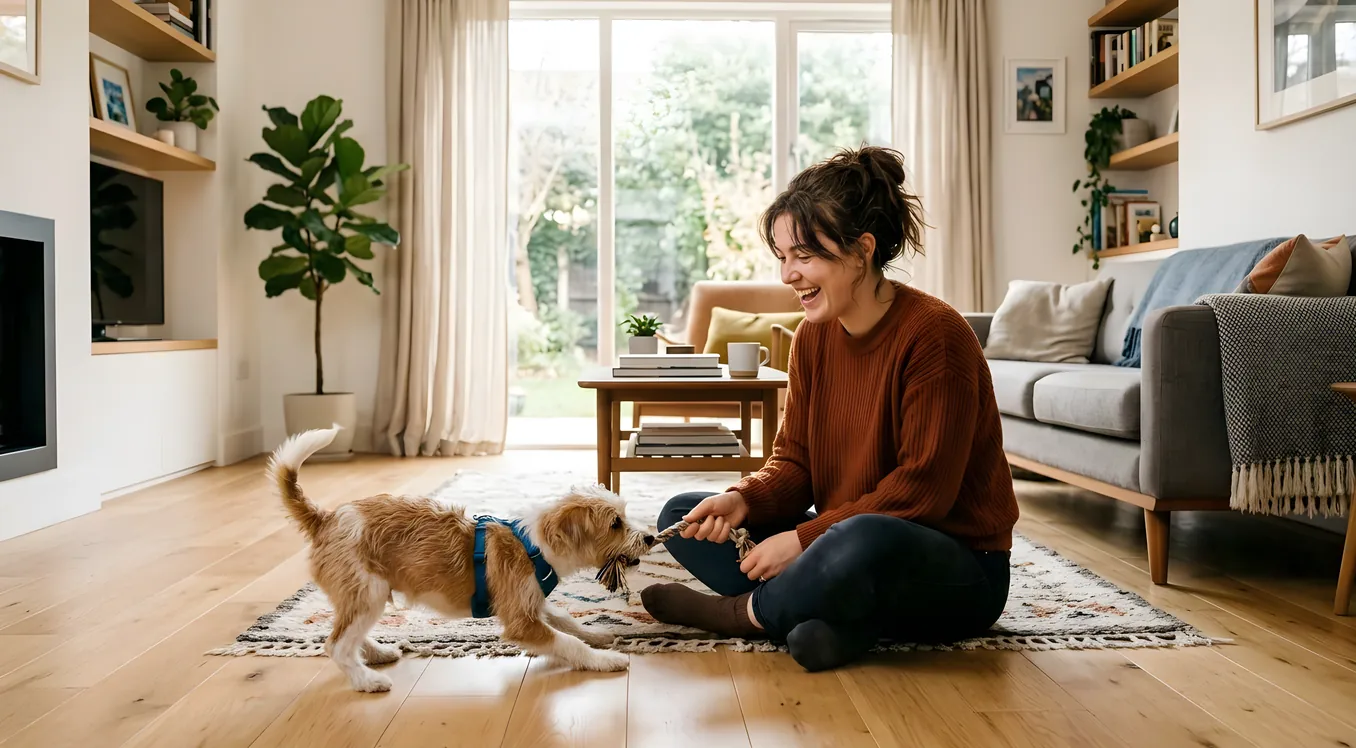 Pet sitter caring for dog during in-home pet sitting visit in Frisco pet's own home