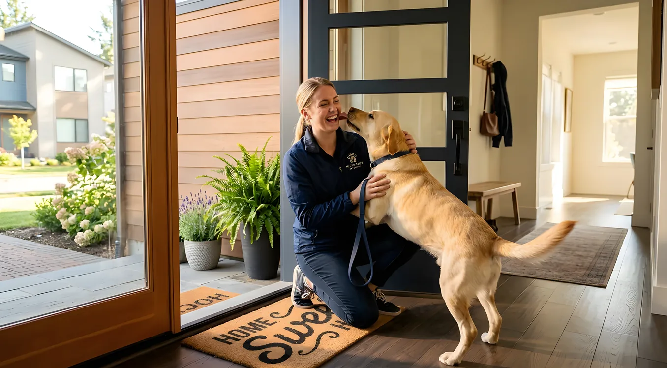 Pet sitter visiting home during midday to check on pets and provide fresh water and food