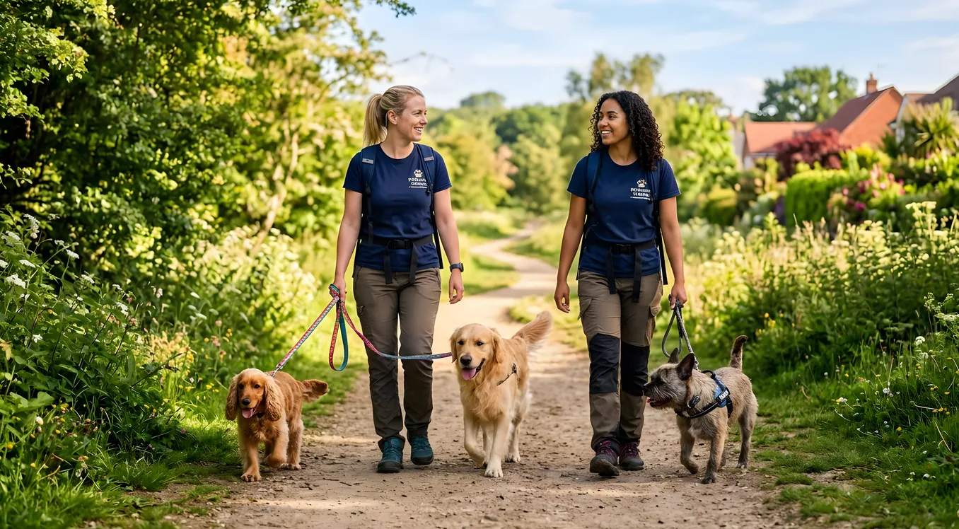 Two professional dog walkers in matching shirts walking three dogs on a shaded trail